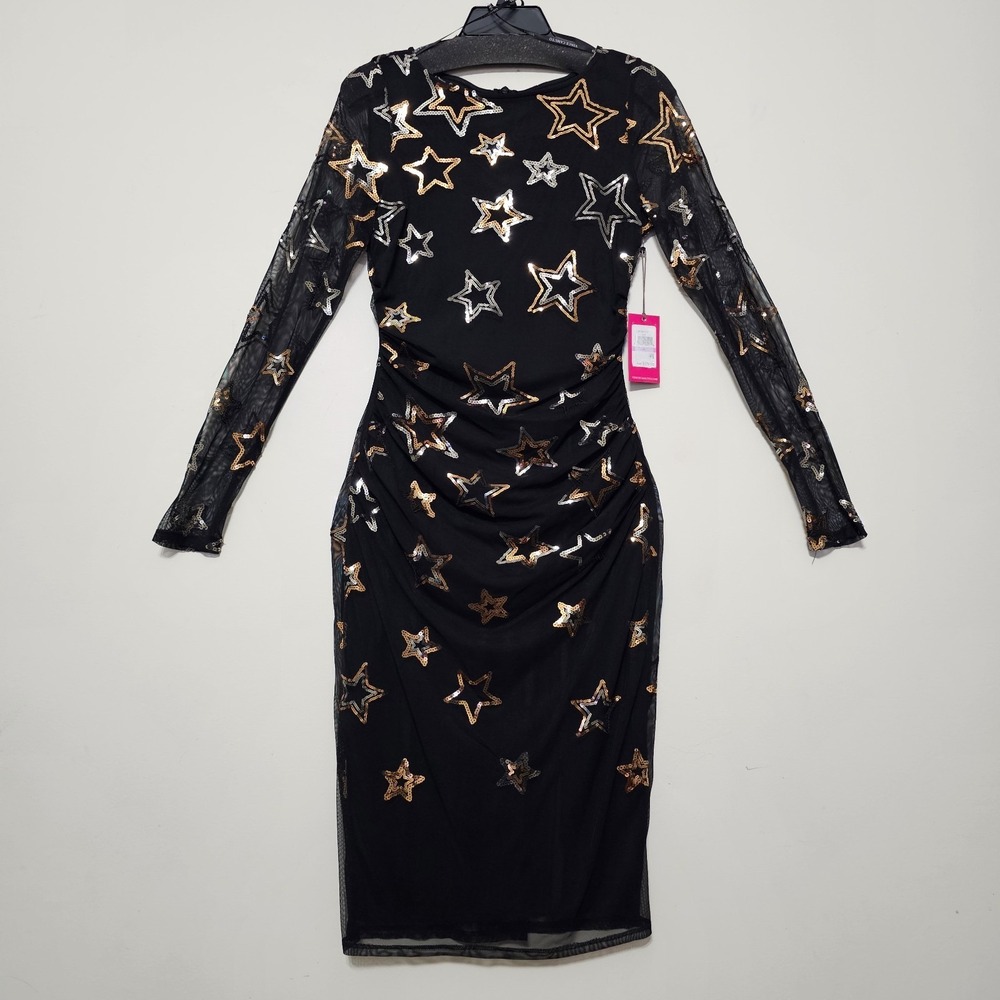 Vince Camuto Dress 6 Black Knee-Lenght Long Sleeves Ruched Waist Sequin Star 957